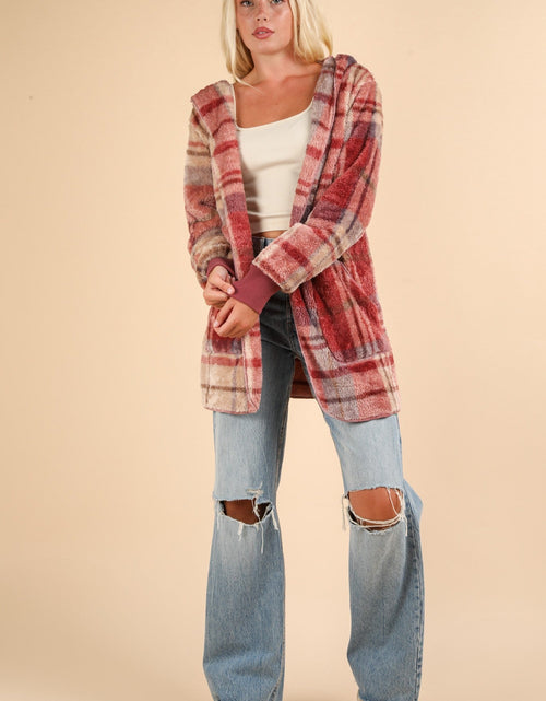 Load image into Gallery viewer, VERY J Fuzzy Plaid Long Sleeve Hooded Jacket
