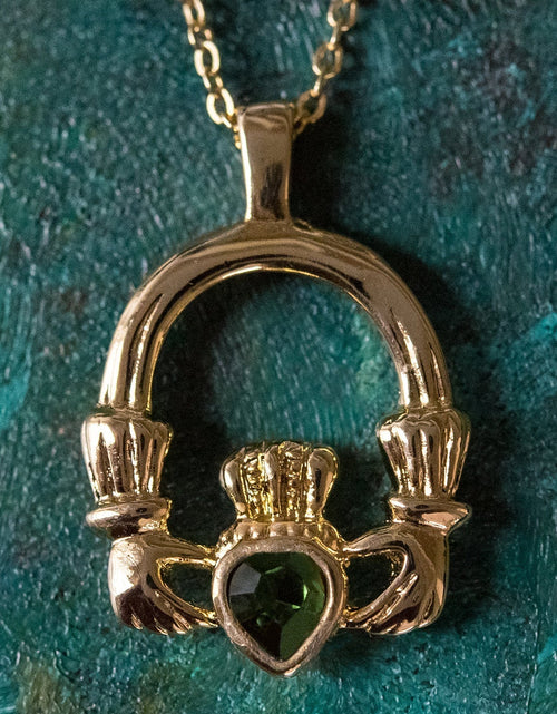 Load image into Gallery viewer, Vintage Claddagh Necklace Austrian Heart Crystal 18k Yellow Gold Electroplated Made in the USA by PVD Vintage Jewelry
