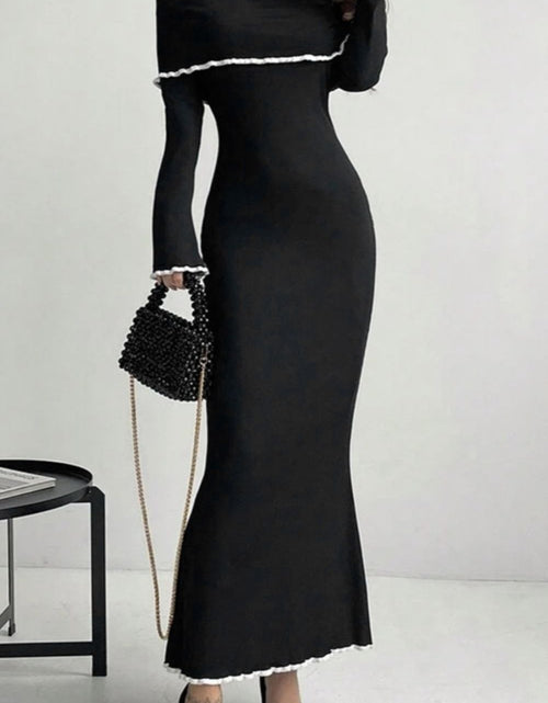 Load image into Gallery viewer, Contrast Trim Off-Shoulder Long Sleeve Maxi Sweater Dress
