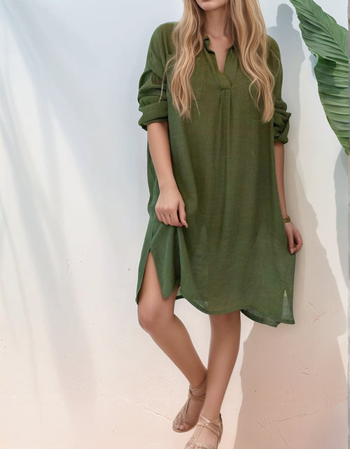 Load image into Gallery viewer, Full Size Side Slit Roll-Tab Sleeve Mini Shirt Dress Plus Size
