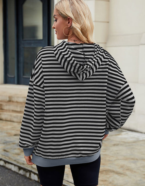 Load image into Gallery viewer, Drawstring Contrast Striped Long Sleeve Hoodie
