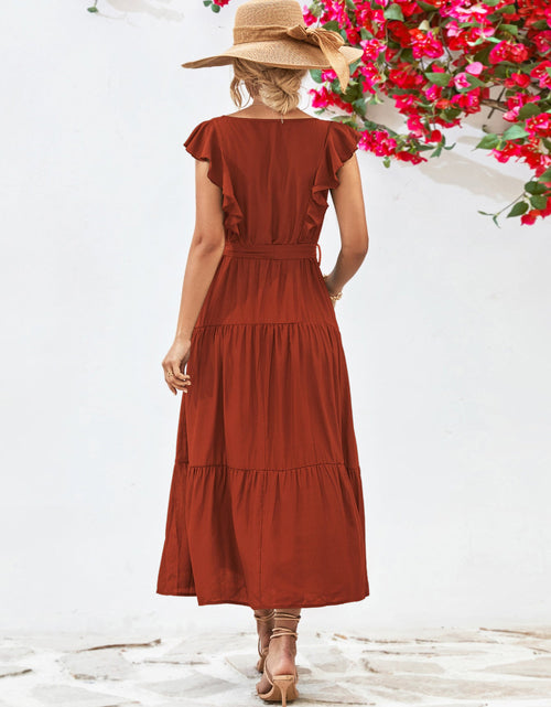Load image into Gallery viewer, Tie Belt Ruffled Tiered Dress
