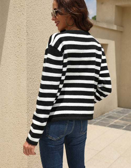 Load image into Gallery viewer, Angel Wings Striped Round Neck Button-Down Dropped Shoulder Cardigan
