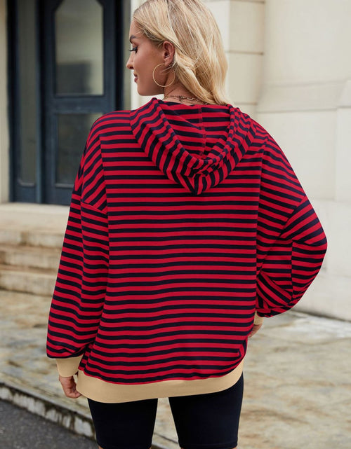 Load image into Gallery viewer, Drawstring Contrast Striped Long Sleeve Hoodie
