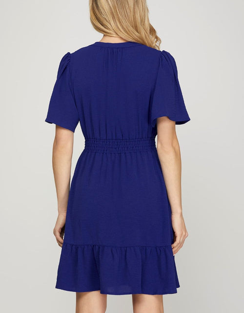 Load image into Gallery viewer, She + Sky Ruffled Hem Notched Flutter Sleeve Mini Dress
