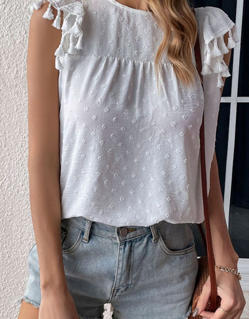 Load image into Gallery viewer, Perfee Swiss Dot Tassel Detail Round Neck Blouse

