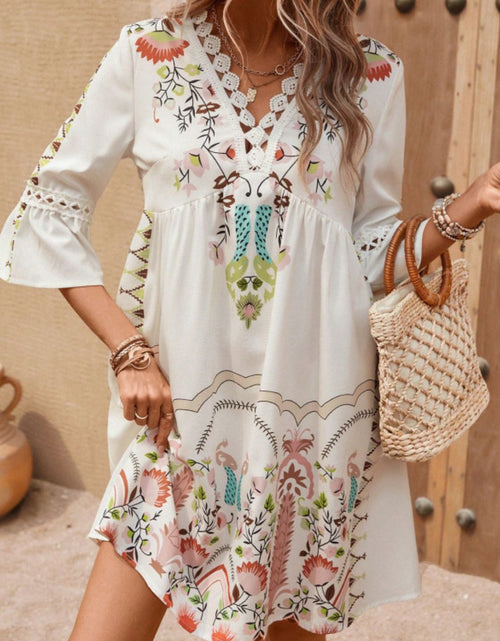 Load image into Gallery viewer, Lace Detail Printed Three-Quarter Sleeve Dress
