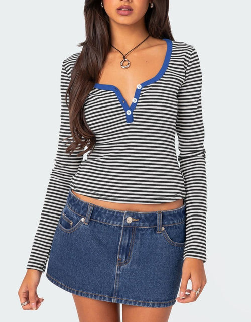 Load image into Gallery viewer, Buttoned Striped Long Sleeve T-Shirt
