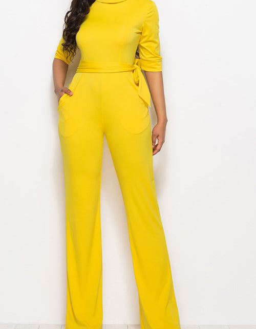 Load image into Gallery viewer, Mock Neck Tie-Waist Half Sleeve Jumpsuit
