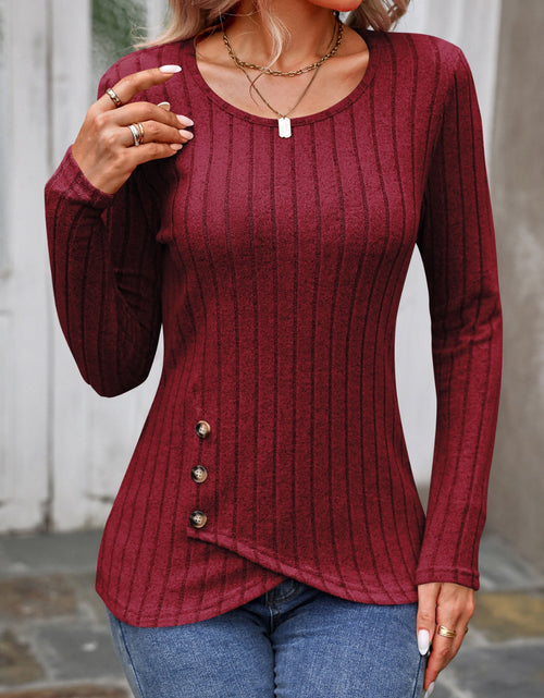 Load image into Gallery viewer, Decorative Button Round Neck Long Sleeve T-Shirt
