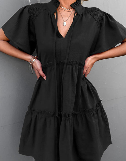 Load image into Gallery viewer, Frill Trim Smocked Tie Neck Dress

