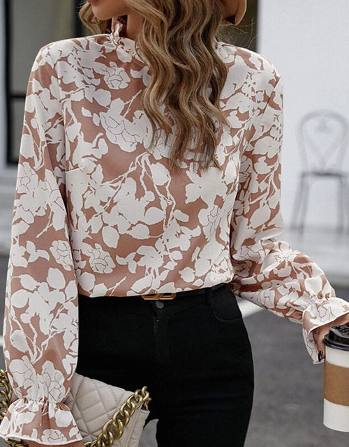 Load image into Gallery viewer, Floral Print Mock Neck Flounce Sleeve Blouse
