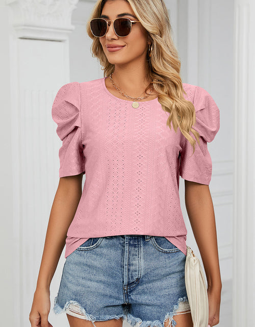 Load image into Gallery viewer, Eyelet Round Neck Puff Sleeve T-Shirt
