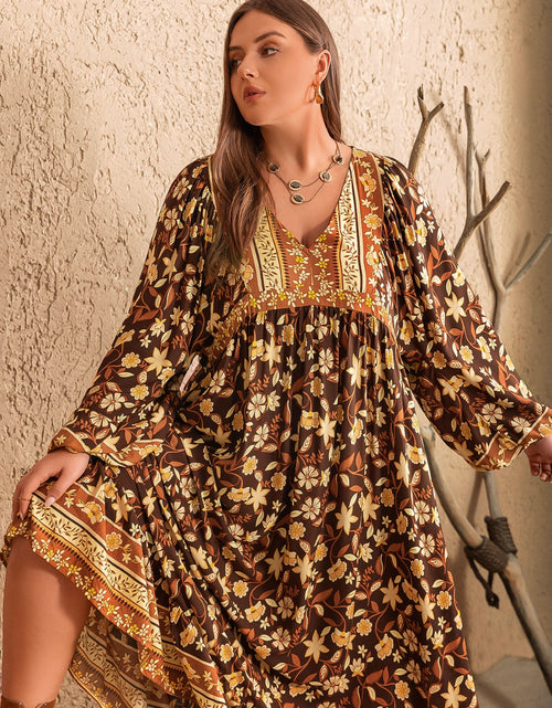Load image into Gallery viewer, Plus Size Printed V-Neck Balloon Sleeve Dress
