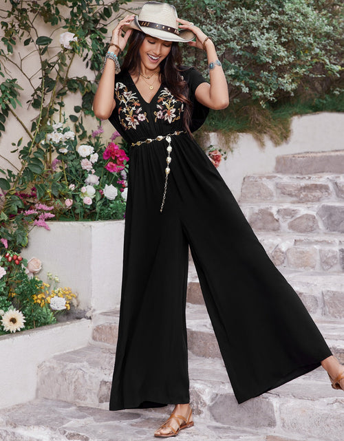 Load image into Gallery viewer, Embroidered Ruched Short Sleeve Jumpsuit
