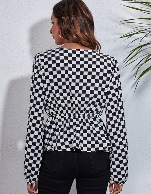 Load image into Gallery viewer, Checkered V-Neck Balloon Sleeve Peplum Blouse
