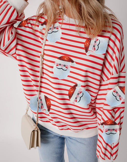 Load image into Gallery viewer, Sequin Santa Striped Round Neck Long Sleeve Sweatshirt
