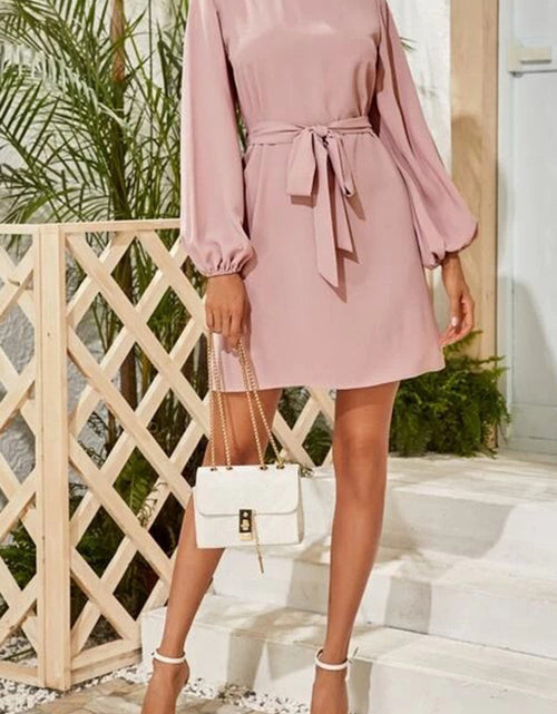 Load image into Gallery viewer, Tied Boat Neck Balloon Sleeve Mini Dress

