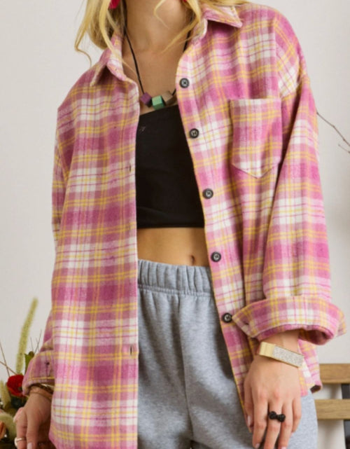 Load image into Gallery viewer, Plaid Collared Neck Button Up Shacket

