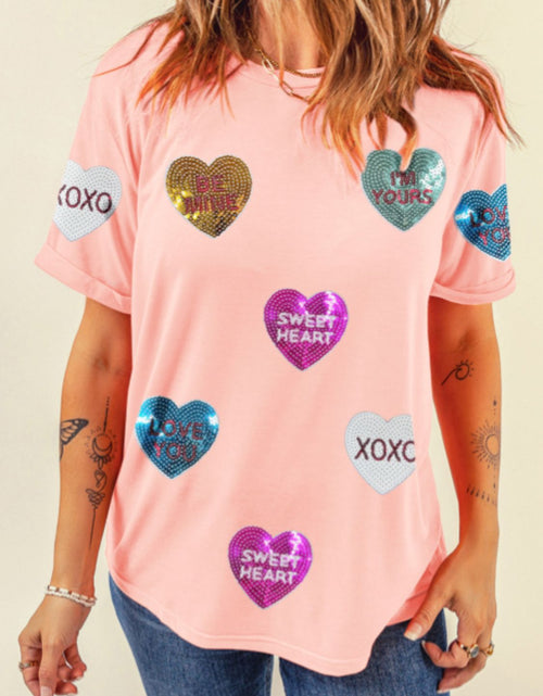 Load image into Gallery viewer, Valentine’s Day Sequin Heart Round Neck Short Sleeve T-Shirt
