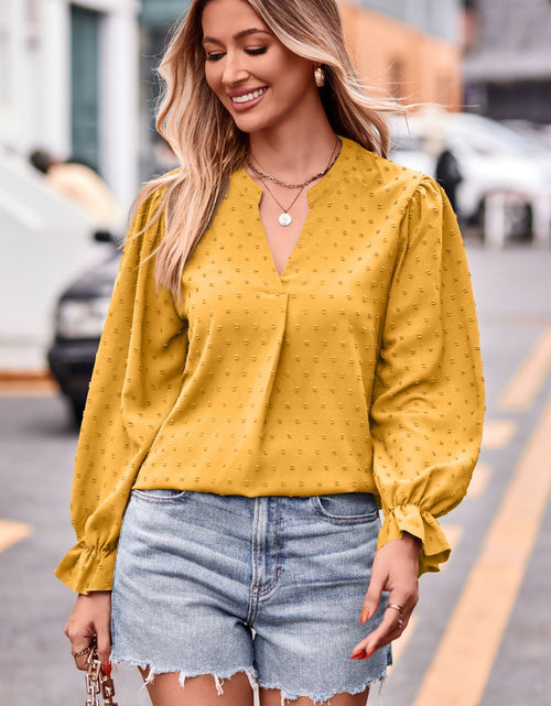Load image into Gallery viewer, Swiss Dot Notched Neck Flounce Sleeve Blouse
