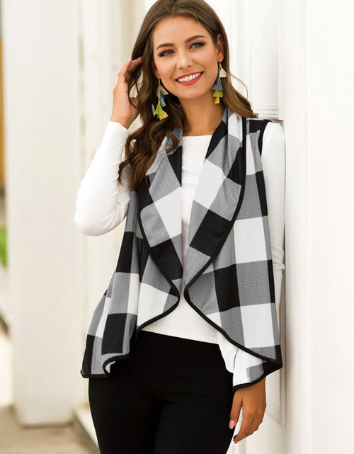Load image into Gallery viewer, Shiny Plaid Open Front Sleeveless Cardigan
