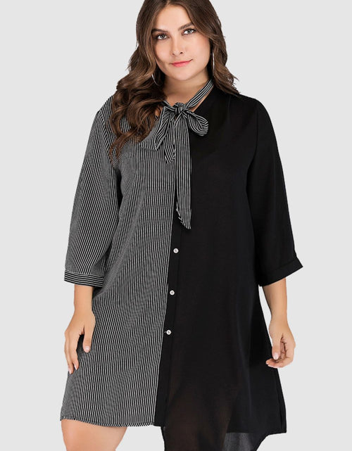 Load image into Gallery viewer, Plus Size Striped Color Block Tie-Neck Dress
