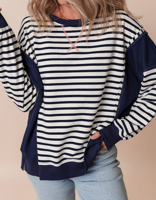 Load image into Gallery viewer, Exposed Seam Striped Long Sleeve Sweatshirt
