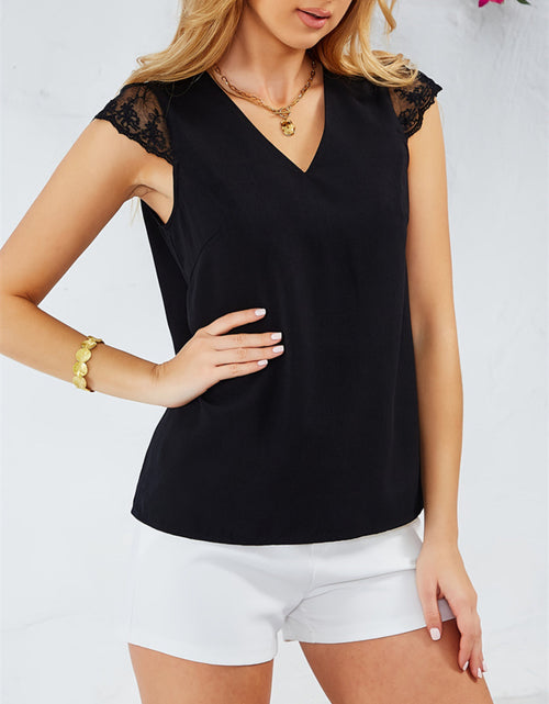 Load image into Gallery viewer, Lace Detail V-Neck Cap Sleeve T-Shirt
