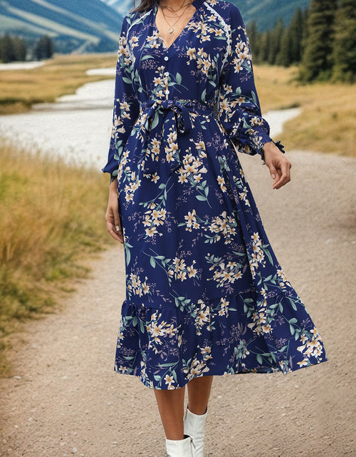 Load image into Gallery viewer, Perfee Printed Notched Lantern Sleeve Midi Dress

