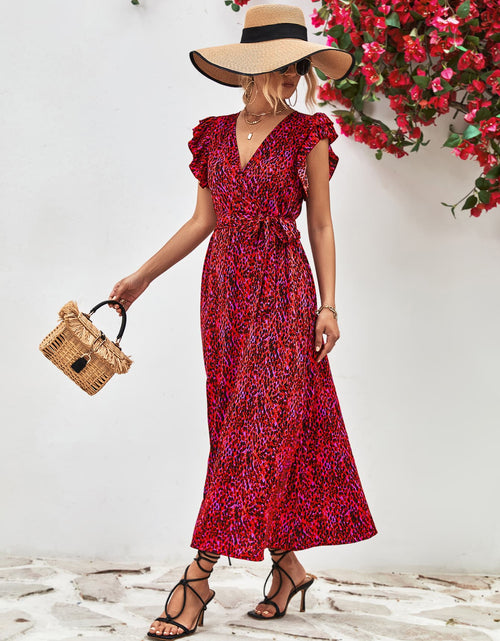 Load image into Gallery viewer, Printed Surplice Neck Flutter Sleeve Slit Dress
