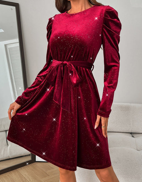 Load image into Gallery viewer, Glitter Round Neck Puff Sleeve Dress
