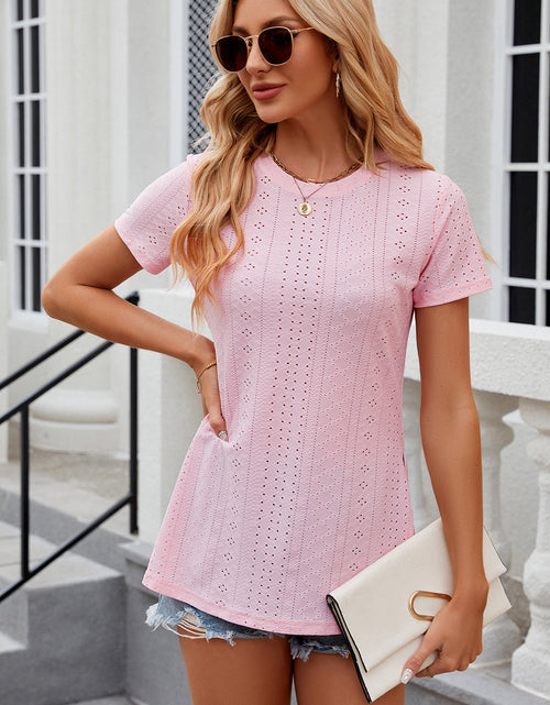 Load image into Gallery viewer, Eyelet Slit Round Neck Short Sleeve T-Shirt

