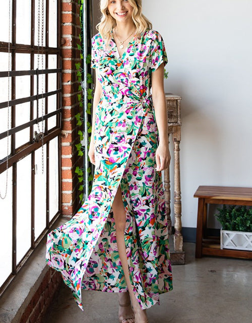 Load image into Gallery viewer, First Love Slit Printed Surplice Tie Waist Short Sleeve Dress
