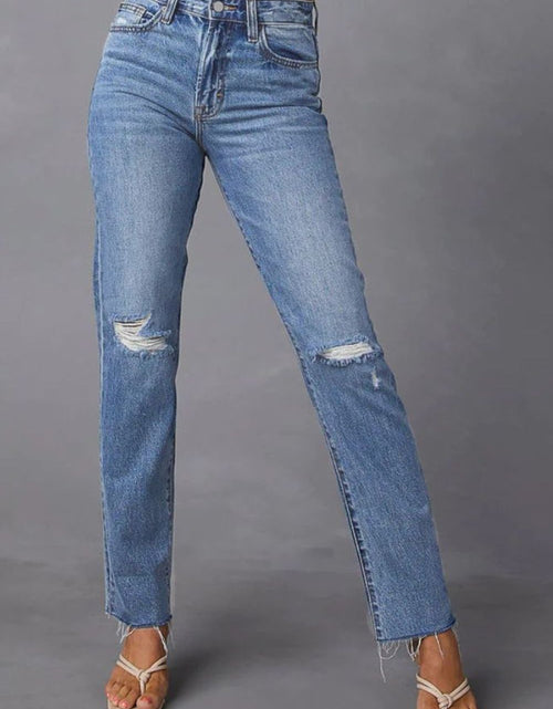 Load image into Gallery viewer, Distressed Raw Hem Straight Jeans with Pockets

