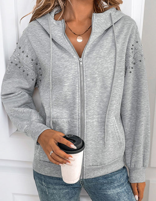 Load image into Gallery viewer, Perfee Rhinestone Zip Up Long Sleeve Hoodie
