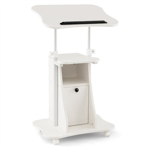 Load image into Gallery viewer, Adjustable Mobile Standing Desk Cart with Tilt Desktop and Cabinet-White

