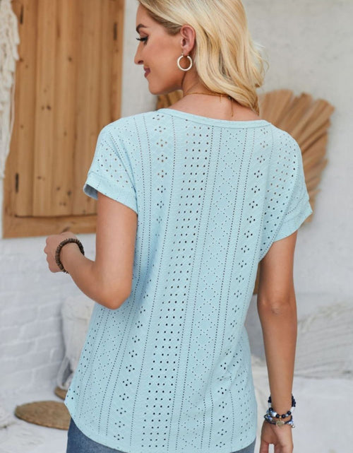 Load image into Gallery viewer, Eyelet Round Neck Rolled Short Sleeve T-Shirt
