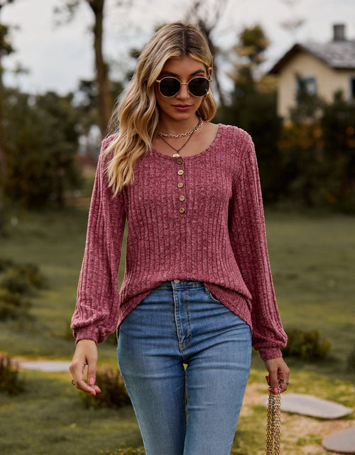 Load image into Gallery viewer, Round Neck Button-Down Long Sleeve Tee
