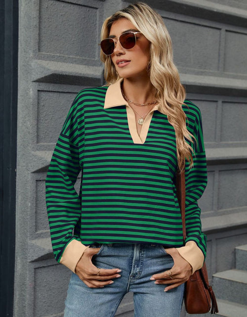 Load image into Gallery viewer, Striped Johnny Collar Long Sleeve Sweatshirt
