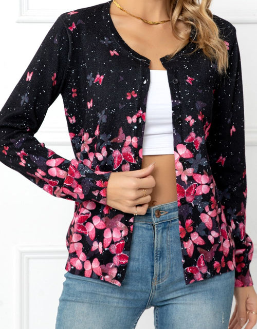 Load image into Gallery viewer, Woven Right Floral Button Front Round Neck Cardigan
