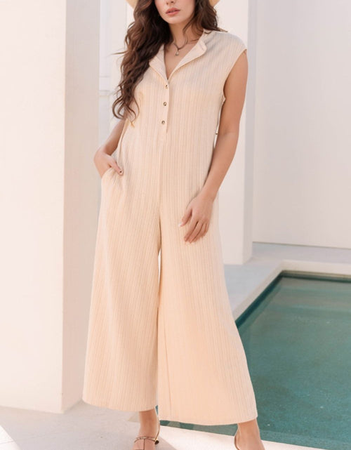 Load image into Gallery viewer, Textured Button Front Wide Leg Cap Sleeve Jumpsuit
