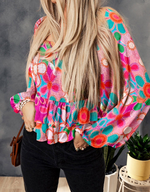 Load image into Gallery viewer, Floral Smocked Ruffled Balloon Sleeve Blouse
