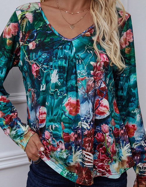 Load image into Gallery viewer, Shiny Printed V-Neck Long Sleeve Blouse
