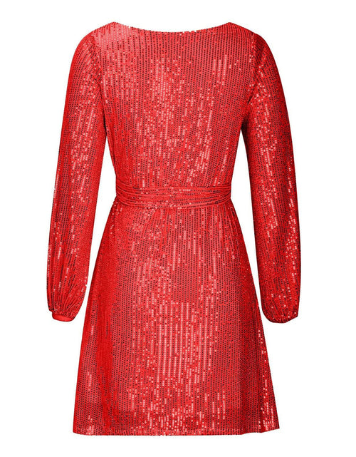 Load image into Gallery viewer, Sequin Tie Waist Long Sleeve Mini Dress
