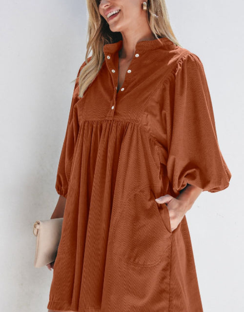 Load image into Gallery viewer, Corduroy Quarter Snap Three-Quarter Sleeve Dress

