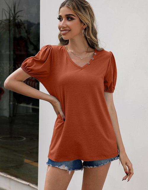 Load image into Gallery viewer, Ivy Lane V-Neck Decorative Buttons Puff Sleeve Tee
