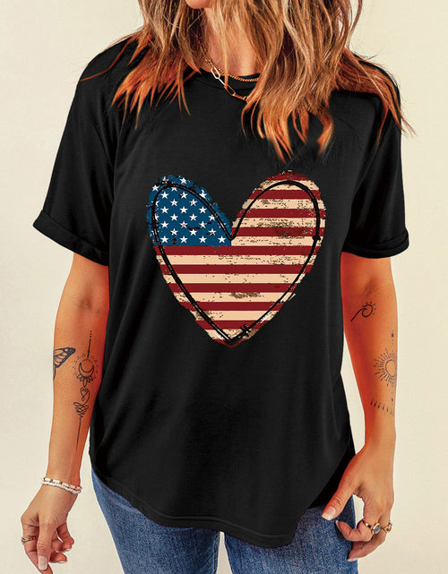 Load image into Gallery viewer, Stars and Stripes Heart Round Neck Short Sleeve T-Shirt
