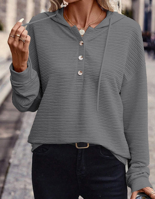 Load image into Gallery viewer, Drawstring Quarter Button Long Sleeve Hoodie
