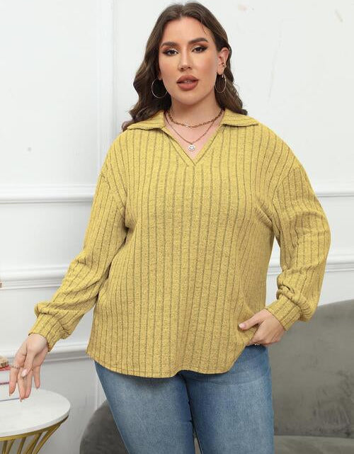 Load image into Gallery viewer, Plus Size Ribbed Collared Neck Long Sleeve Blouse
